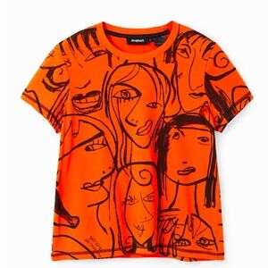Desigual Contrasting Face Orange T-Shirt Size Medium